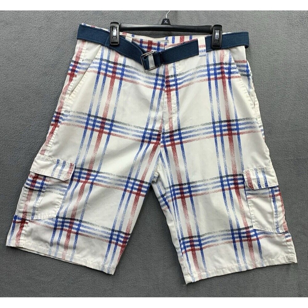 True Rock Mens Cargo Shorts Windowpane Blue White Red Check Belted Size 38